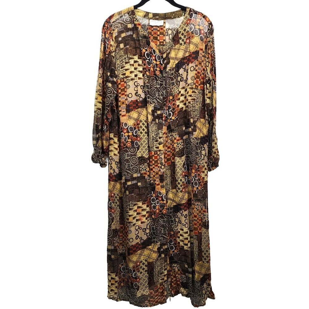 Rene Derhy Women's Boho Long Sleeve Swim‎ Cover / Dress Side Slit Artsy Large?